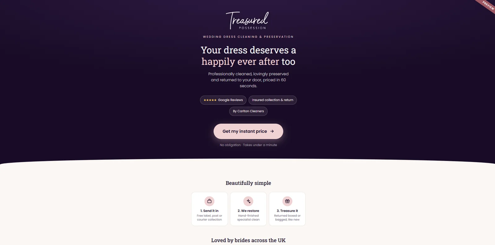 Treasured Possession wedding dress cleaning landing page