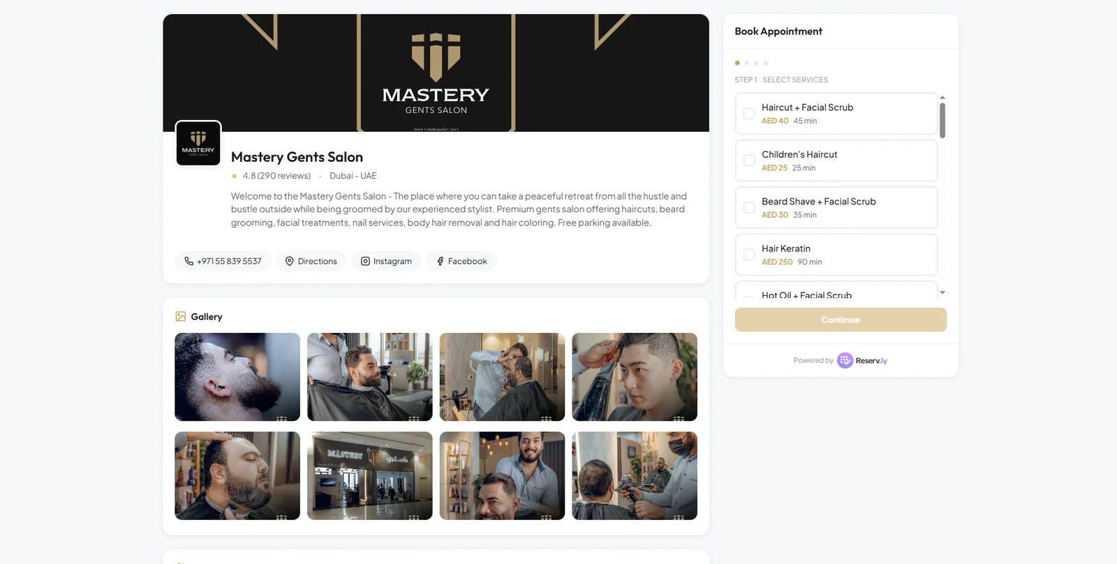Reserv.ly booking page for Mastery Gents Salon, Dubai